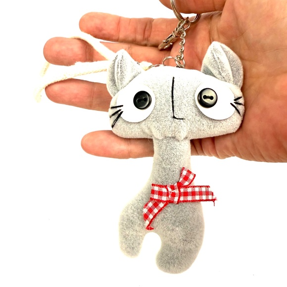 Cute Gray Cat Plush Keychain with Red Gingham Bow - Picture 9 of 9